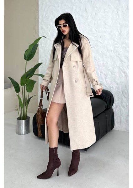 Kadın Kaban Uzun Kaşe Kuşaklı Düğmeli Cepli Kruvaze Premium Kaban fırsatları