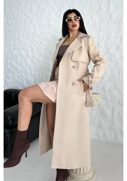 Kadın Kaban Uzun Kaşe Kuşaklı Düğmeli Cepli Kruvaze Premium Kaban indirimleri