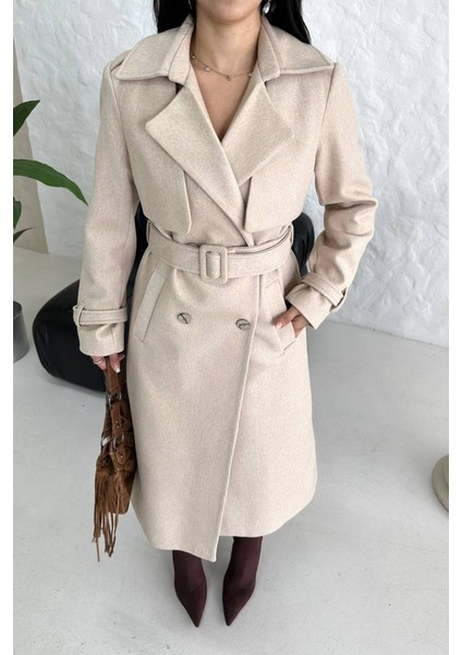 Kadın Kaban Uzun Kaşe Kuşaklı Düğmeli Cepli Kruvaze Premium Kaban