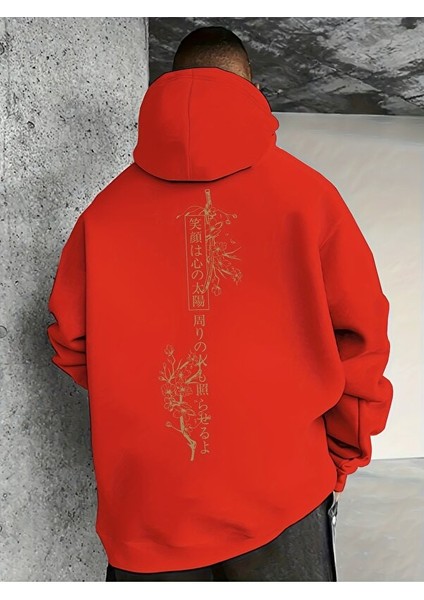 Erkek Kapüşonlu Sakura Kiraz Çiceği Sırt Baskılı Oversize Hoodie - Sokak Stili - Günlük Kombin