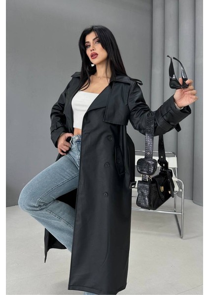 Kadın Trençkot Uzun Suni Deri Kemerli Düğmeli Cepli Yırtmaçlı Kruvaze Yaka Trençkot modelleri
