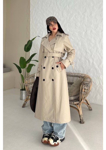 Kadın Trençkot Uzun Suni Deri Kemerli Düğmeli Cepli Yırtmaçlı Kruvaze Yaka Trençkot fiyatları