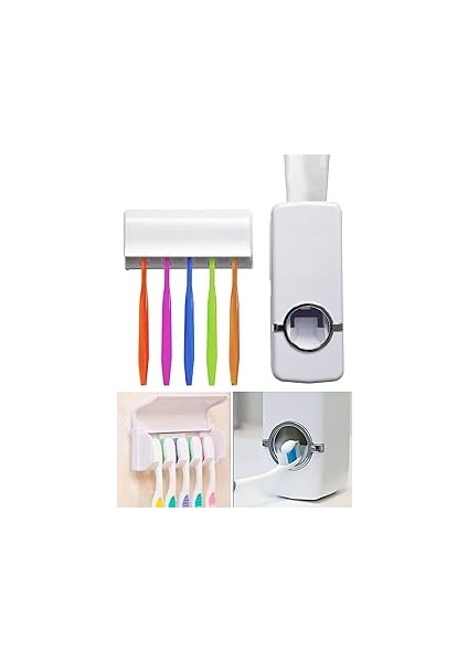 Mobee Diş Macunu Sıkma Makinesi Fırça Tutucu Macun Sıkacağı 5li Fırçalı