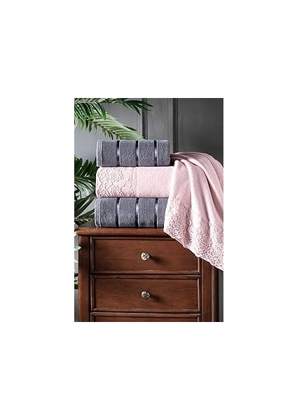 Güvenal Nilüfer 4 Parça Kutulu Kadife Güpürlü Havlu Seti Hamam Takımı Çeyiz Seti Hs-Nilufer, Antras