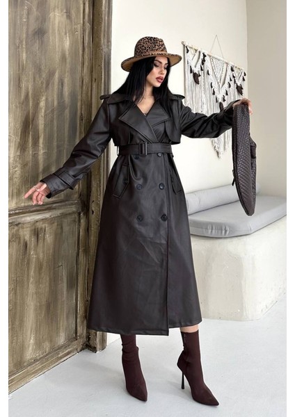 Kadın Trençkot Uzun Suni Deri Kemerli Düğmeli Cepli Yırtmaçlı Kruvaze Yaka Trençkot fiyatları