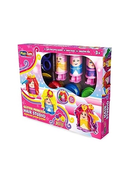 Playtoys Hair Studio Glitter Princess Oyun Hamuru Seti, 3 Renkli X30GR Oyun Hamuru, 5 Farklı Aksesu