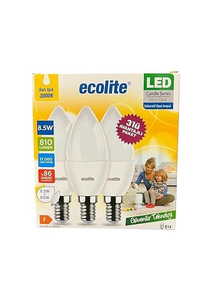 Ecolite 8.5W LED Mum Ampul – E14 Duy, 810 Lümen, 3000K Sarı Işık, 60W Eşdeğer, 3’lü Paket, Opal Dek