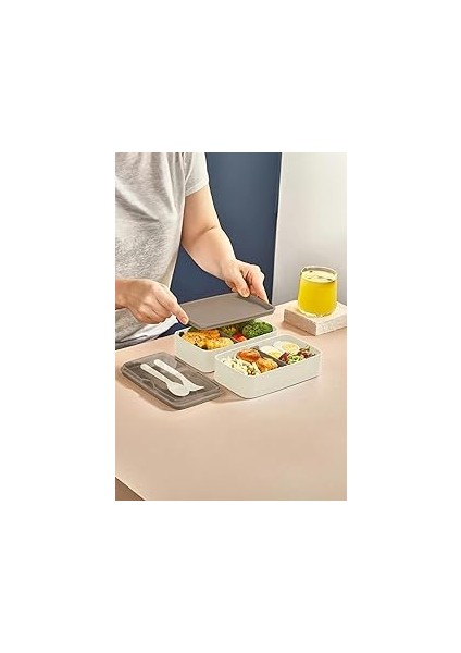 Noksi 2 Katlı Ayarlanabilir Dikdörtgen Beslenme Kabı - Çatal Kaşık Servisli Yemek Saklama Kutusu Be