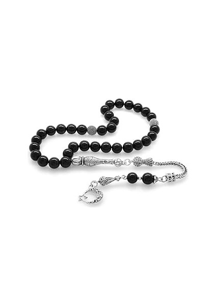 (Tesbihane) Kararmaz Metal Ayyıldız Püsküllü Küre Kesim Oniks Doğaltaş Tesbih