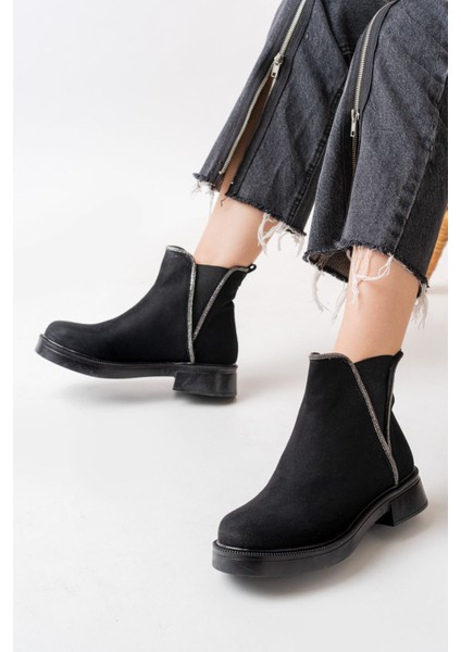 Zrin-02 Premium Siyah Süet Taşlı Lastikli Kışlık Kadın Bot modelleri