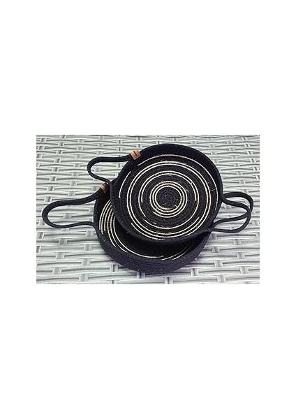 Hasır 2 Adet Örme Tepsi Sepet Jüt Çizgili Siyah Kordon Halat Ip Düzenleyici