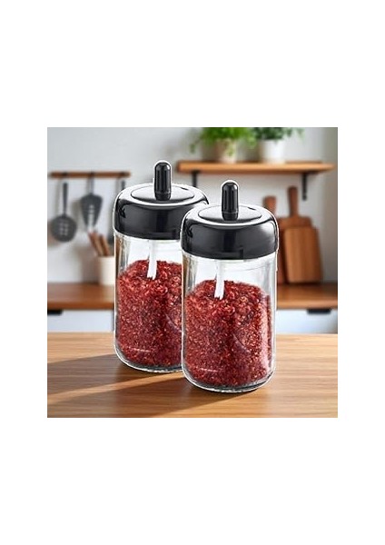 2'li Cam Baharatlık Seti, Kendinden Kaşıklı, Kaşıklı Kapak, 300ML, 2 Adet, 14CM Yükseklik