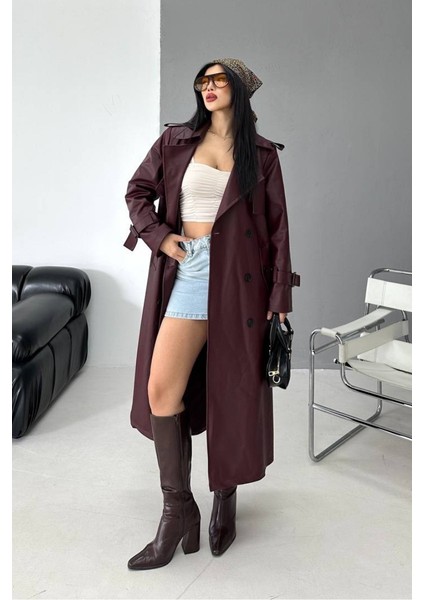 Kadın Trençkot Uzun Suni Deri Kemerli Düğmeli Cepli Yırtmaçlı Kruvaze Yaka Trençkot fiyatları