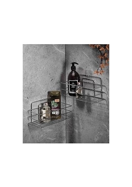 2'li Parlak Krom Yapışkanlı Banyo Rafı, Duş Şampuanlık, Paslanmaz Metal Duvar Rafı (Yapıştır/vidala