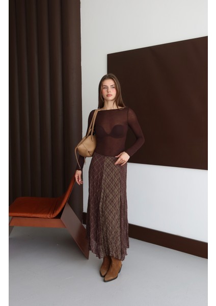 Kahverengi Desenli Kırışık Görünüm Şifon Etek