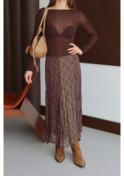 Kahverengi Desenli Kırışık Görünüm Şifon Etek modelleri