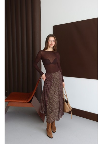 Kahverengi Desenli Kırışık Görünüm Şifon Etek fırsatları