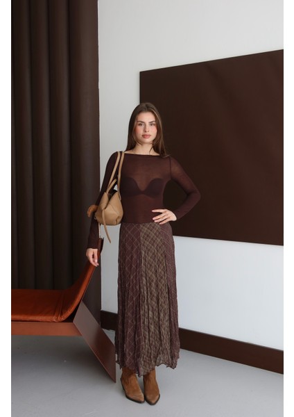 Kahverengi Desenli Kırışık Görünüm Şifon Etek indirimleri