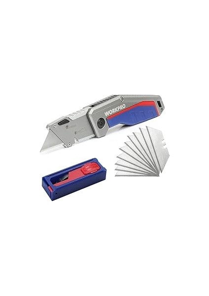 Workpro WP211012 Ağır Hizmet Alüminyum Gövde Katlanır Rötuş Maket Bıçağı + 10 Adet Yedek