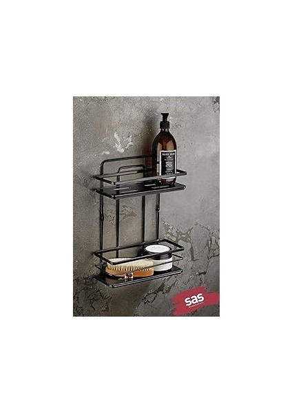 Sas Haus Yapışkanlı Ömür Boyu Paslanmaz Ayarlanabilir Raf Banyo Düzenleyici Şampuanlık Siyah Lş-02