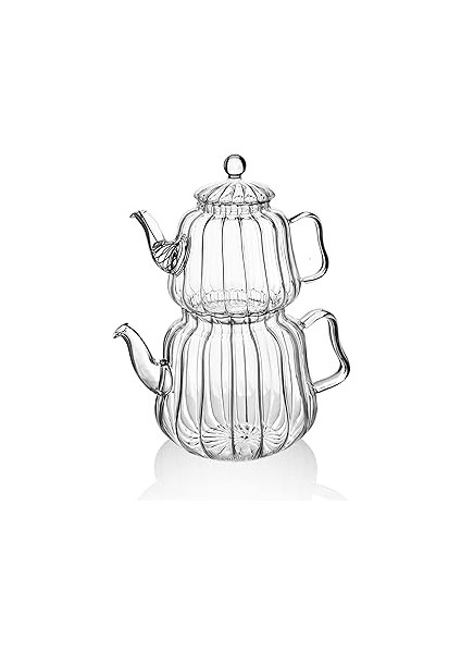 2300 ml Büyük Boy Ateşe Dayanıklı Çizgili Süzgeçli Demlik Borosilikat Cam Çaydanlık Takımı