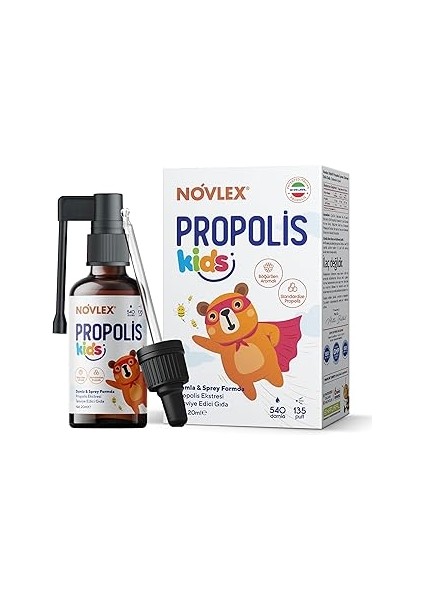Novlex Propolis Kids Ekstrakt (Su Bazlı-Alkolsüz) Böğürtlen Aromalı Sprey & Damla (540 Damla) Takvi