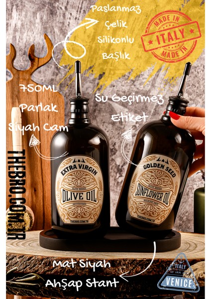 750ML Mat Siyah Ahşap Stantlı Elite Serisi Zeytinyağı Şişesi ve Ayçiçek Yağı Şişesi Siyah Yağdanlık