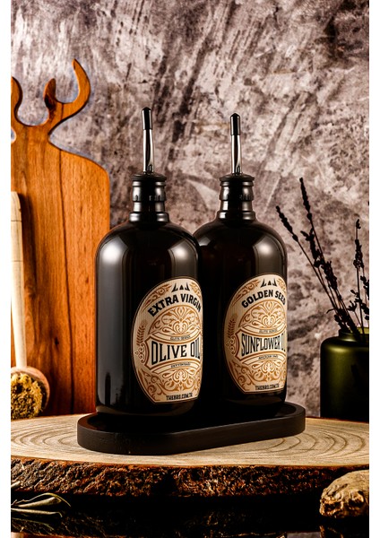 750ML Mat Siyah Ahşap Stantlı Elite Serisi Zeytinyağı Şişesi ve Ayçiçek Yağı Şişesi Siyah Yağdanlık fiyatları