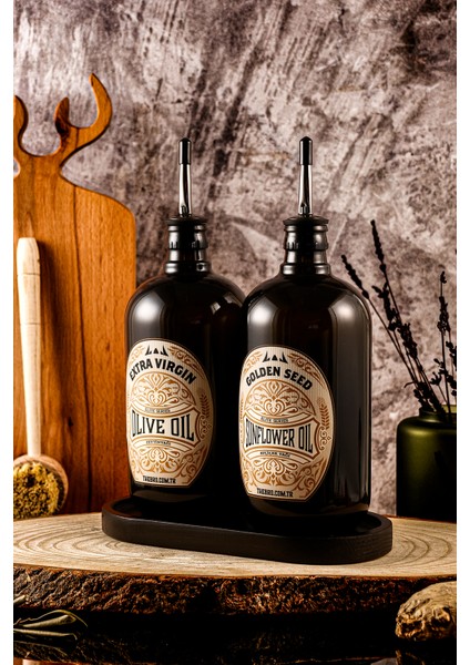 750ML Mat Siyah Ahşap Stantlı Elite Serisi Zeytinyağı Şişesi ve Ayçiçek Yağı Şişesi Siyah Yağdanlık modelleri