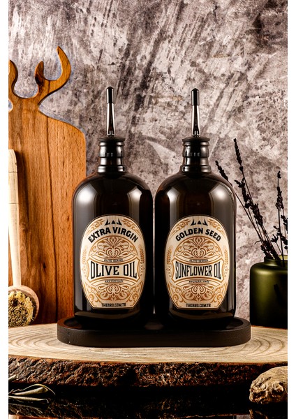 750ML Mat Siyah Ahşap Stantlı Elite Serisi Zeytinyağı Şişesi ve Ayçiçek Yağı Şişesi Siyah Yağdanlık