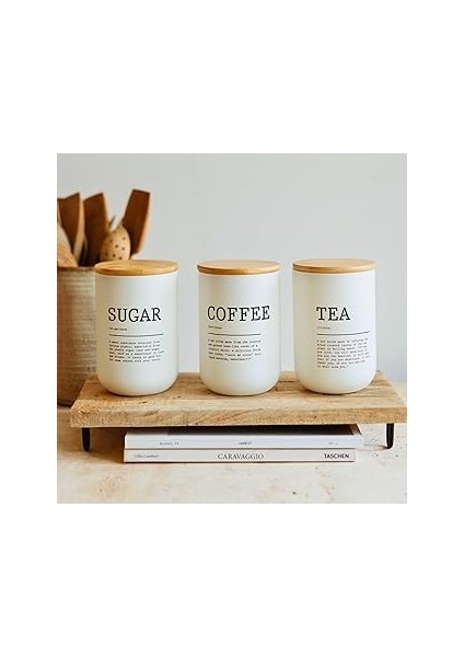 Meturas Mutfak 3'lü Bambu Kapaklı Beyaz Cam Çay Şeker Kahve Saklama Kavanoz Takımı Beyaz, Baharatlı