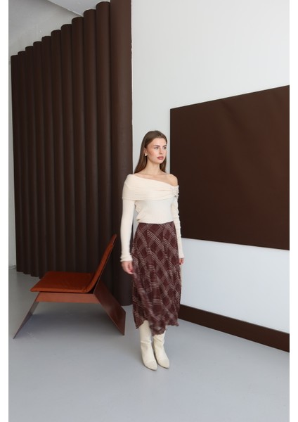 Kahverengi Kareli Astarlı Şifon Etek