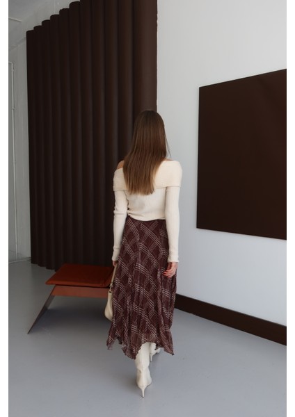 Kahverengi Kareli Astarlı Şifon Etek fiyatları