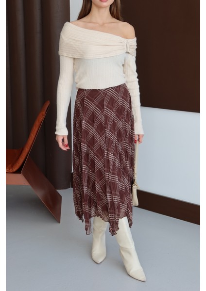 Kahverengi Kareli Astarlı Şifon Etek indirimleri