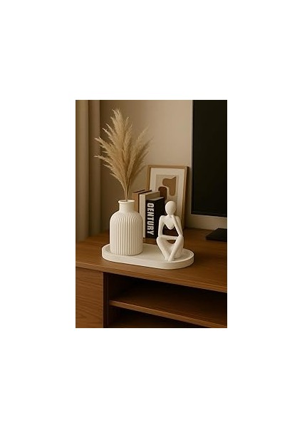 El Yapımı 3 Parça Dekoratif Set – Insan Figürü Heykel ve Çizgili Vazo – Minimalist Masaüstü