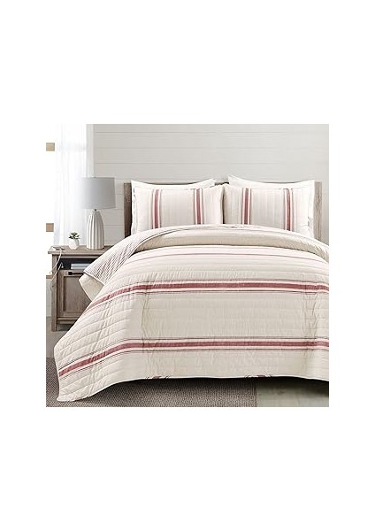Lush Çiftlik Evi Çizgili 3 Parça Yorgan Seti, Kırmızı, Tam/queen