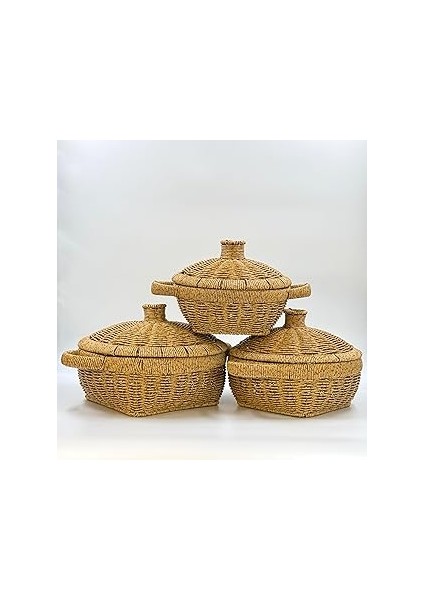 Orret Hasır Görünümlü Plastik Örgülü Tencere Şeklinde Kapaklı Sepet – Çok Amaçlı Organizer, Sa