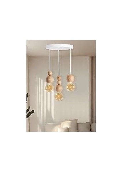 Ahşap Detaylı Bohem Rustik Sarkıt Avize Şık ve Doğal Tasarım Salon Oturma Odası (Beyaz-Ahşap