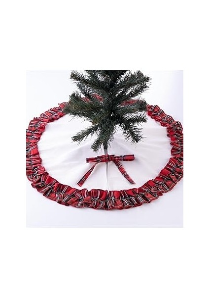 Bimotif Yılbaşı Çam Ağacı Örtüsü, Krem Overloklu Pamuklu Ekose ve Naturel 60 cm Karışık