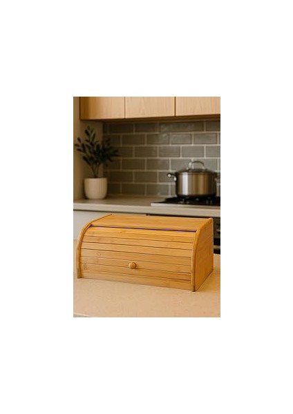 Makri Doğal Ahşap Bambu Ekmeklik, Sürgülü Kapaklı Ahşap Ekmek Sepeti, Bambu Ekmek Kutusu (40 x