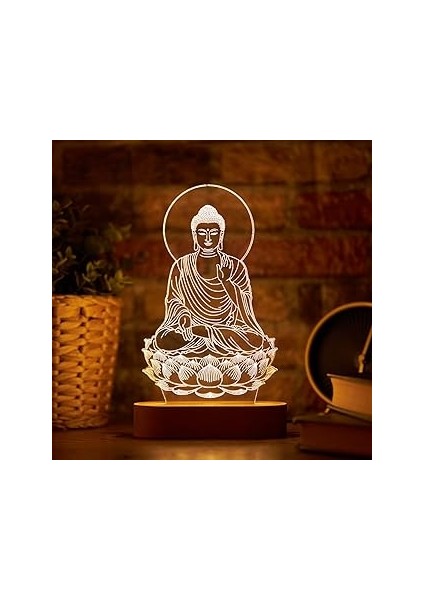 Buddha Tasarımlı LED Lamba - 22 x 14 cm - Ahşap Kaideli Dekoratif Gece Lambası