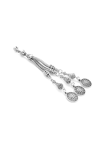 (Tesbihane) Mecidiye Temalı Gümüş Renk 3'li Kamçı Kararmaz Metal Püskül