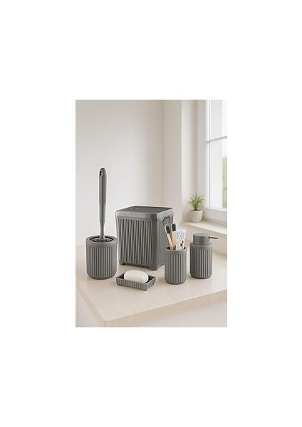 Lines Serisi Gri Banyo Seti, 5 Parça Akrilik 5 Litre Çöp Kovası, Sabunluk, Fırçalık Takımı - 3088