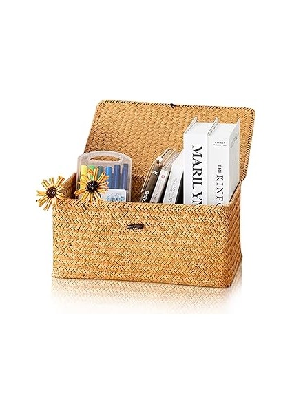 Pilipane Kapaklı Hasır Sepetler,kapaklı Sepet, Doğal Seagrass Depolama Sepeti Dokuma Dikdörtgen Raf