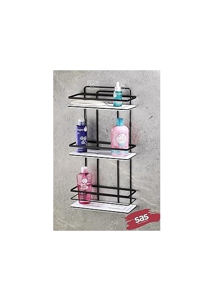 Sas Haus Yapışkanlı Ömür Boyu Paslanmaz Ayarlanabilir Raf Banyo Düzenleyici Şampuanlık Siyah - Beya