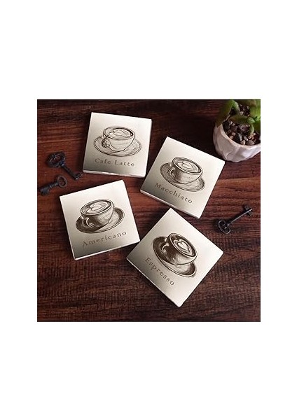 Pinecone Kahve Taş Bardak Altlığı Seti - 4 Parça - Dekoratif, Rustik Mutfak Aksesuarı, 10X10 Cm, Ka