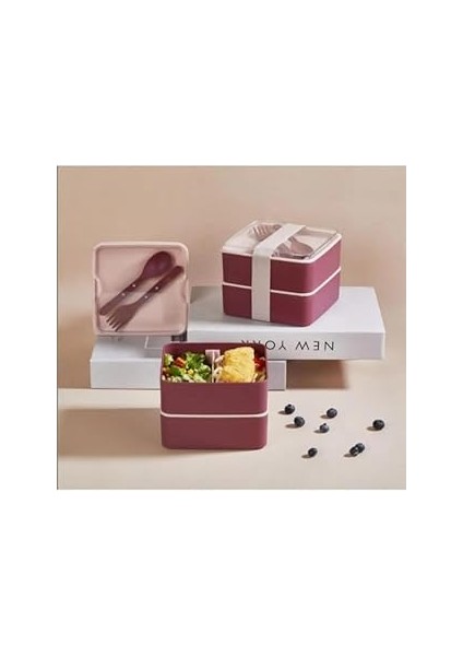 Mhk Pri̇me Bölmeli 2 Katlı Çatal Kaşıklı Pembe Beslenme Kabı Kare - Mürdüm