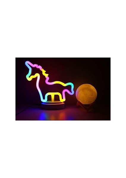 Sevimli Renkli Neon ve 3D Küre Stantlı, Pil + Kablo'lu Gece Lambası Çocuk Odası Festival Pa