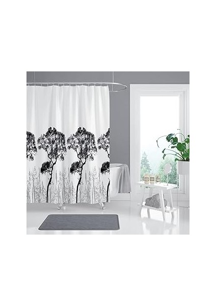 Tropik Ağaç Desen Banyo Duş Perdesi-Beyaz Renk Duş Perdesi ve Küvet Perdesi, 180X200 cm Lüx Ba