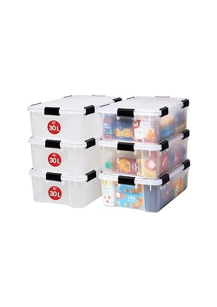 Iris Ohyama Hava Geçirmez Plastik Saklama Kutuları, Kapaklı, 30 L, 6'lı Set, Şeffaf, Hermetik Su Ge
